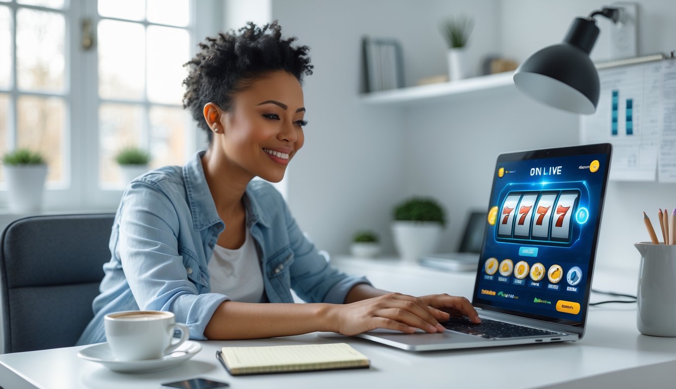 Seorang dewasa muda duduk di meja modern, bermain permainan slot online di laptop dengan ekspresi fokus dan senang di ruang kerja yang terang.