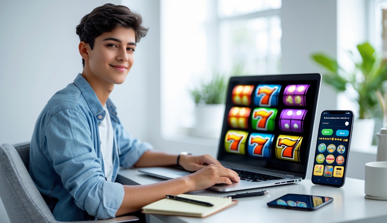 Seseorang duduk di depan laptop yang menampilkan permainan slot online, terlihat fokus dan santai di ruang yang terang dan rapi.