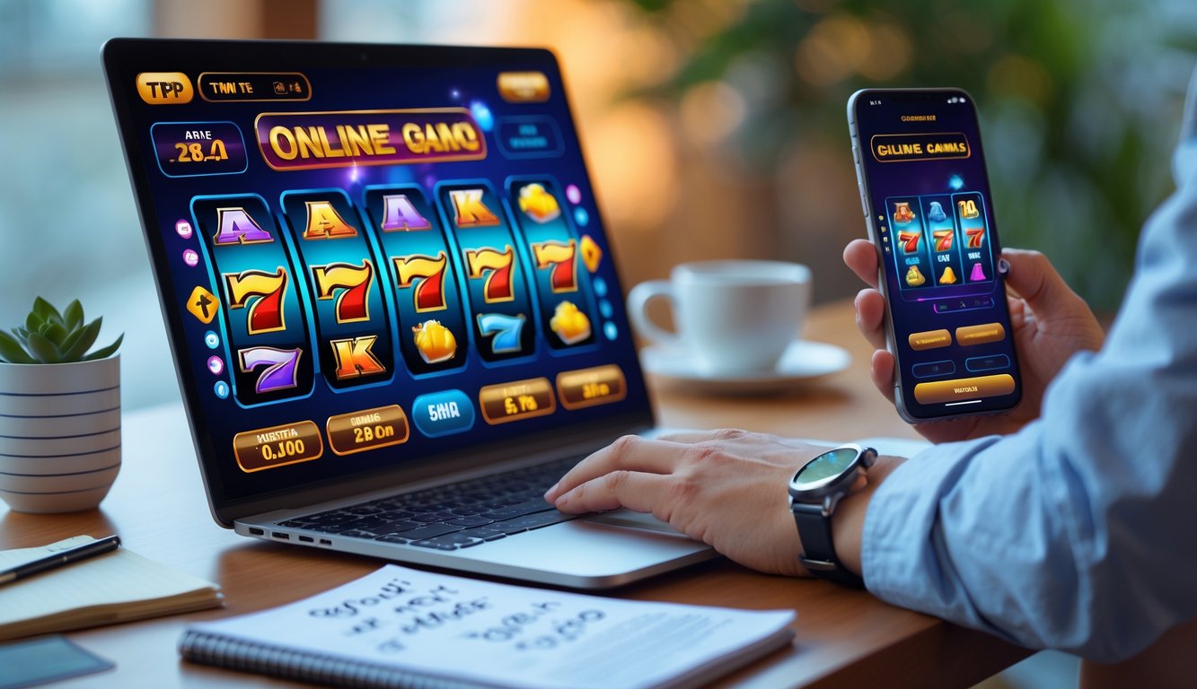 Seseorang duduk di depan laptop yang menampilkan permainan slot online dengan latar belakang yang samar dan suasana nyaman.