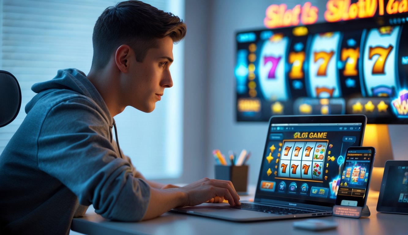 Seorang pria muda duduk di meja dengan laptop, fokus bermain judi slot online dengan suasana kerja yang rapi dan perangkat digital di sekitarnya.