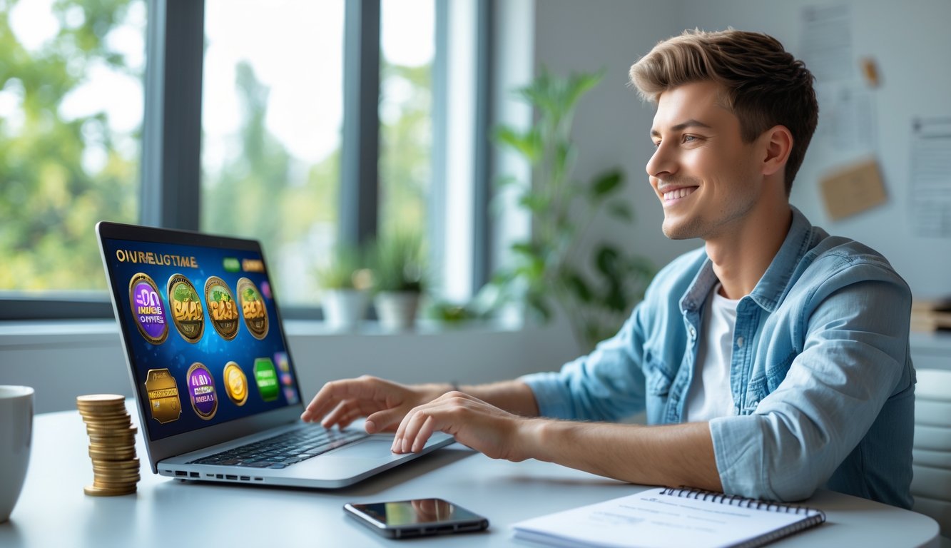 Seorang dewasa muda yang percaya diri duduk di meja modern dengan laptop yang menampilkan permainan slot online, di samping ada tumpukan koin kecil dan ponsel.