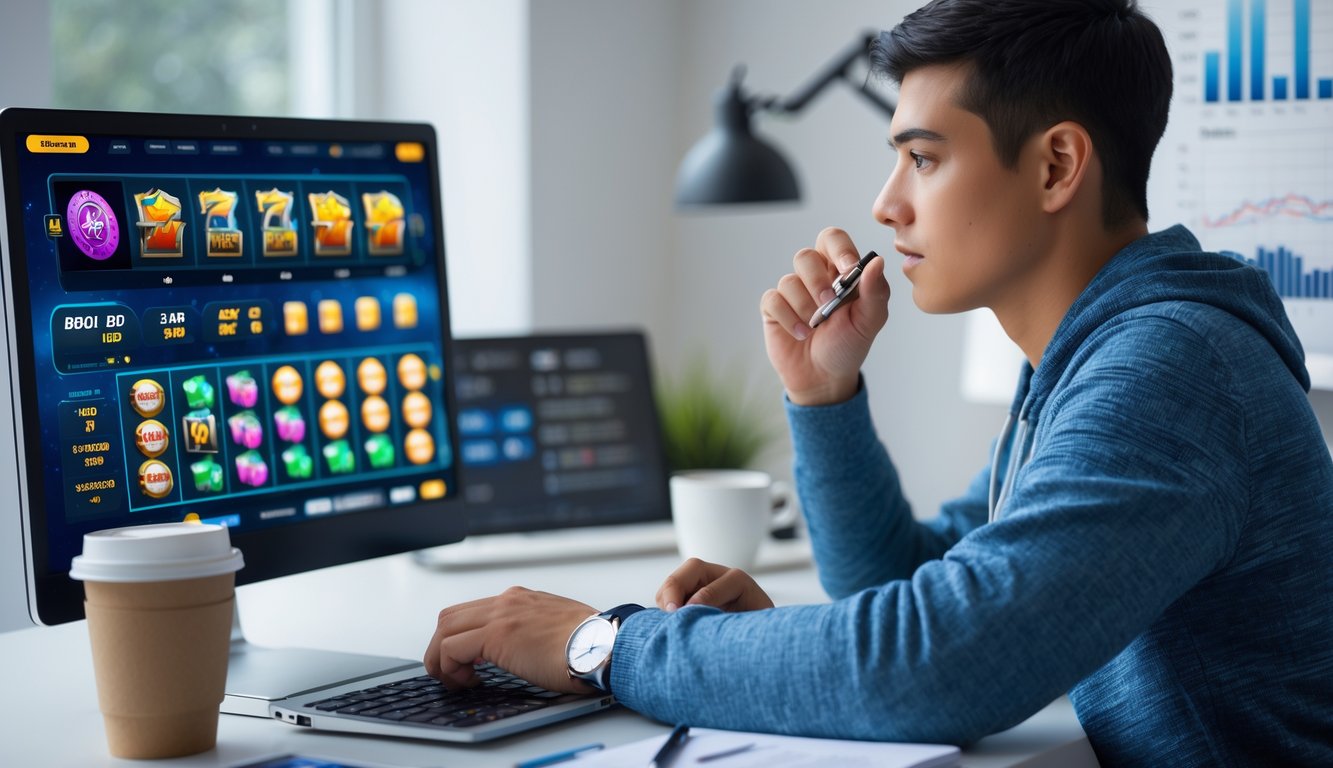 Seorang dewasa muda duduk di meja dengan laptop menampilkan permainan slot online, sambil mencatat strategi di buku catatan di ruang kerja yang rapi.