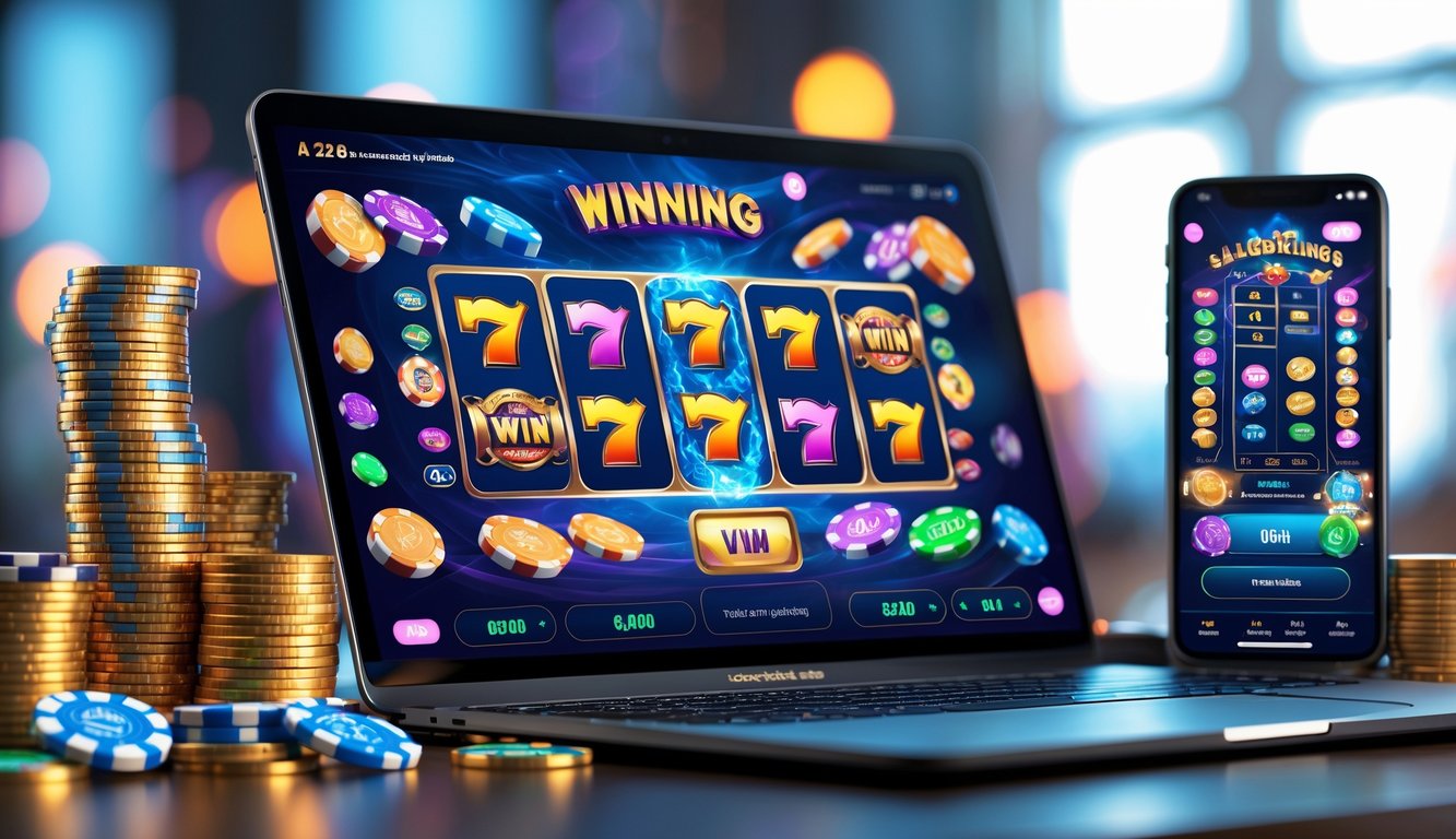 Seorang pengguna sedang bermain permainan slot online di laptop dengan tumpukan koin dan chip poker di sekitarnya.