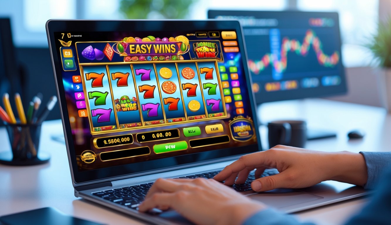 Seseorang menggunakan komputer dengan layar menampilkan permainan slot online berwarna-warni di meja kerja yang rapi dan terang.