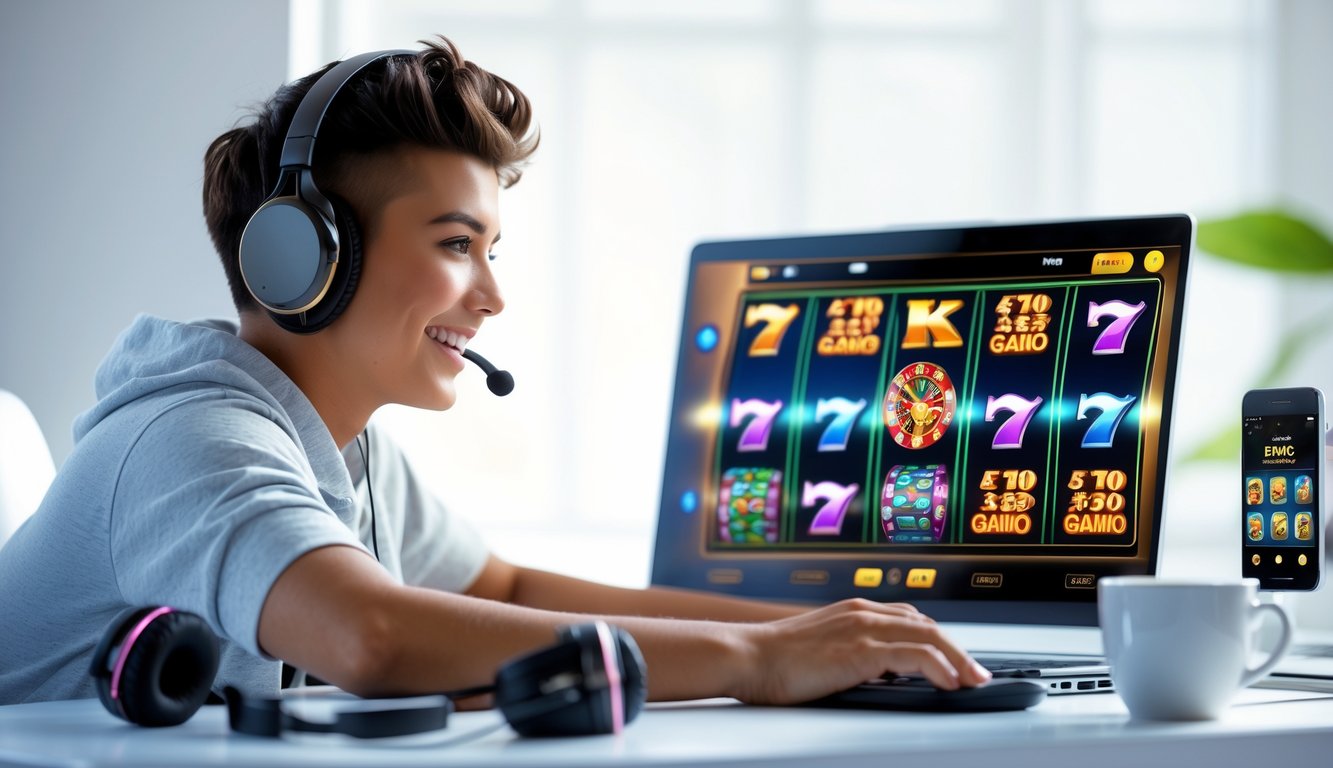 Seorang dewasa muda duduk di depan laptop dengan ekspresi fokus dan antusias, bermain permainan slot online di lingkungan yang terang dan rapi.