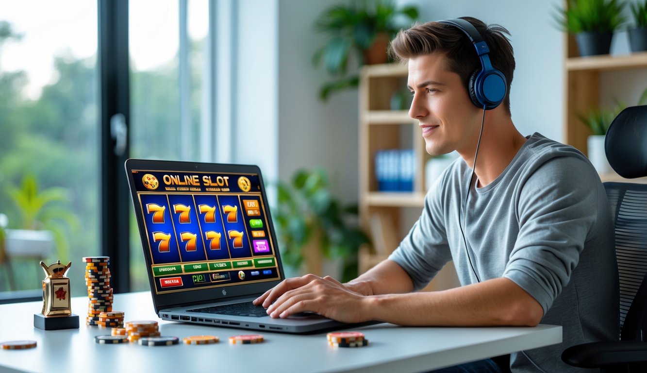 Seorang pria muda duduk di meja dengan laptop yang menampilkan permainan slot online, di ruangan terang dengan dekorasi terkait permainan.