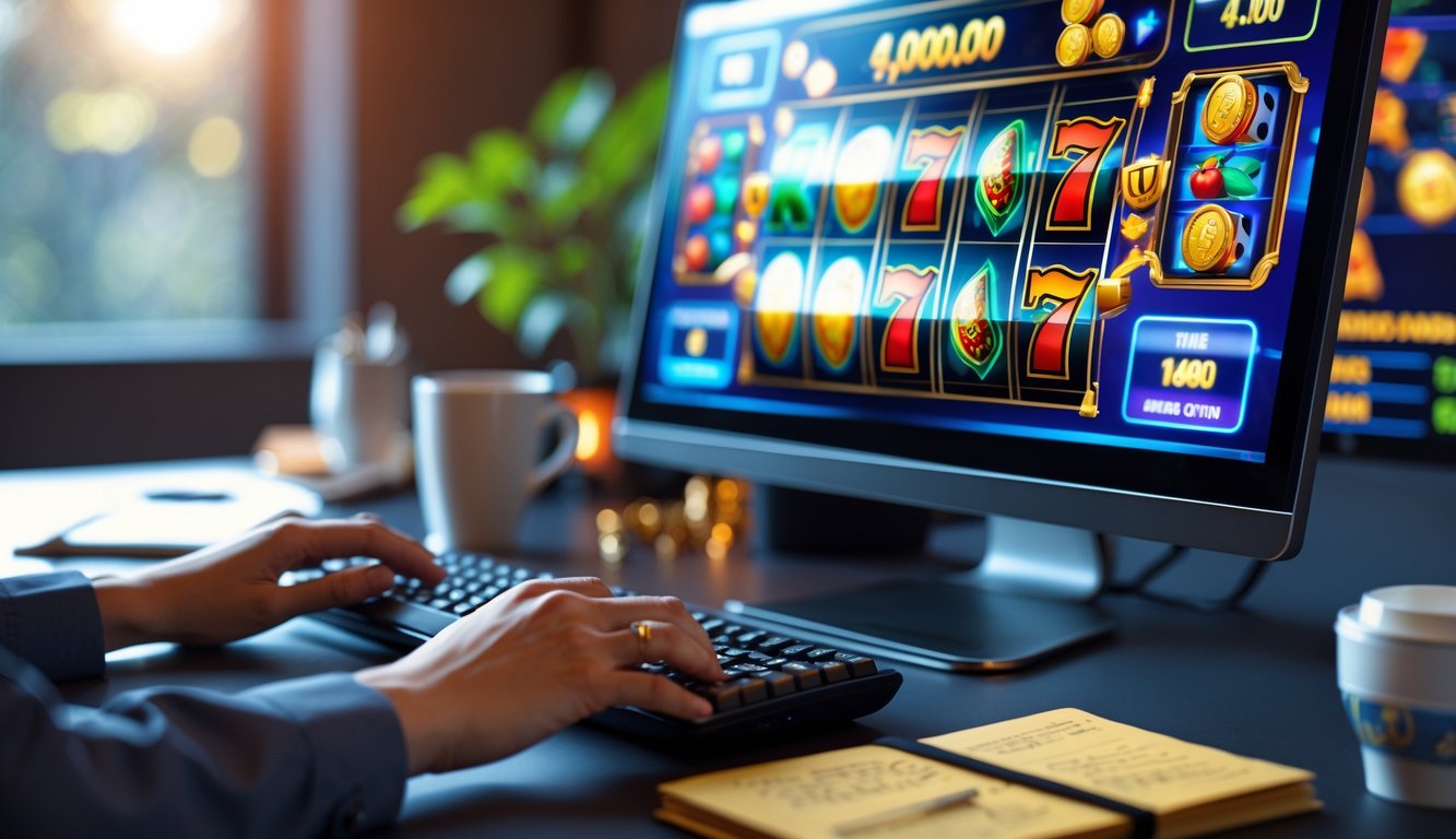 Seseorang menggunakan komputer dengan tampilan permainan slot online yang berwarna-warni di layar, di meja terdapat catatan dan secangkir kopi.