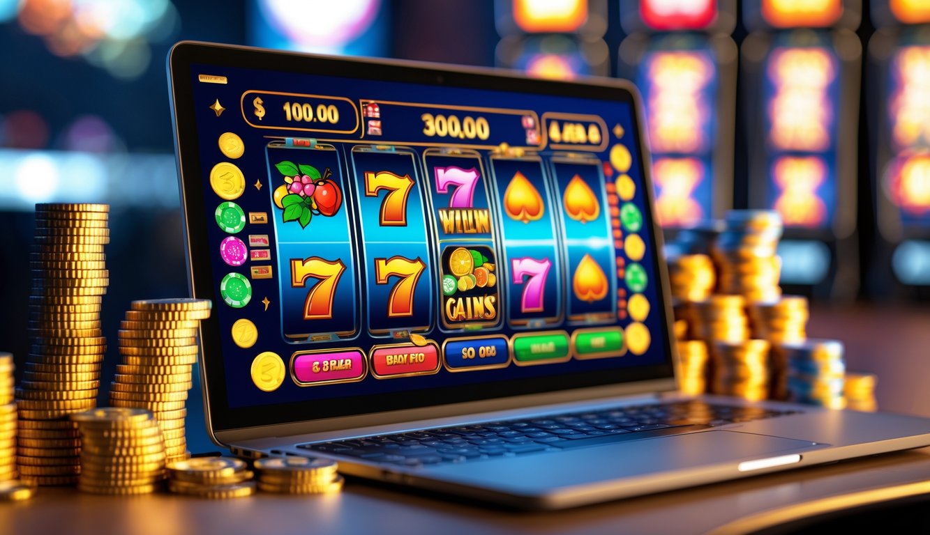 Sebuah layar komputer menampilkan permainan slot online dengan simbol warna-warni dan tumpukan chip kasino di sekitarnya.