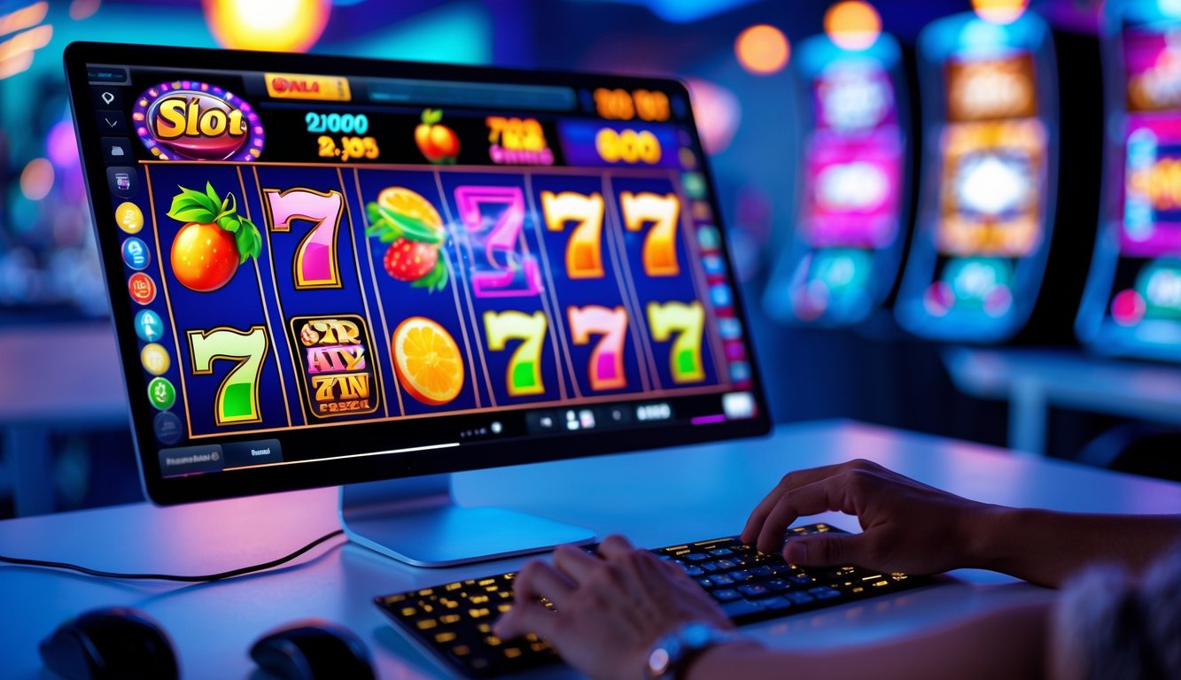 Seseorang sedang bermain permainan slot online di komputer dengan layar menampilkan grafik mesin slot yang berwarna-warni.