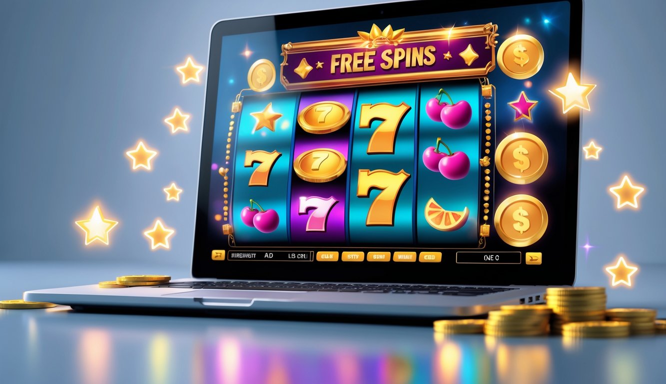Sebuah laptop atau ponsel menampilkan permainan slot online dengan simbol warna-warni dan ikon hadiah bonus serta putaran gratis di sekitarnya.