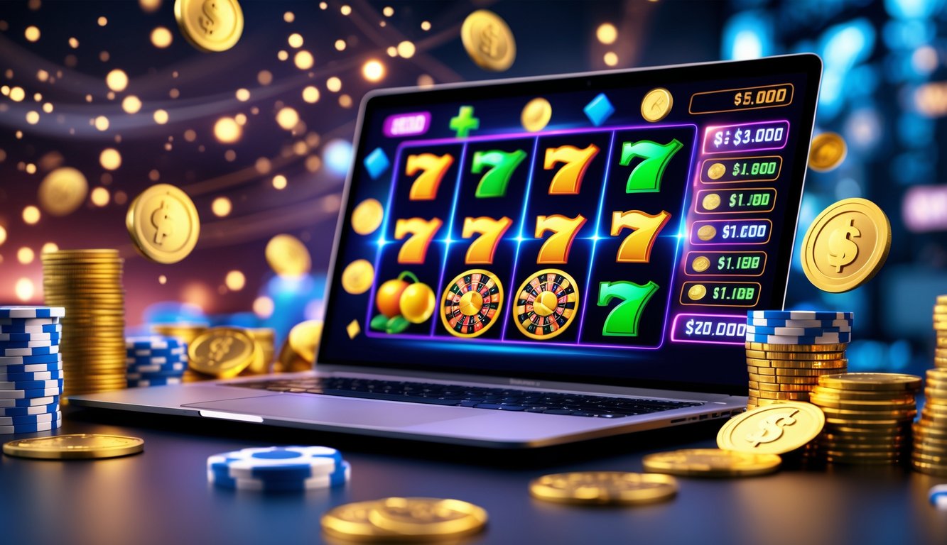 Sebuah meja dengan komputer yang menampilkan permainan slot online dengan simbol warna-warni dan koin emas di sekitarnya.