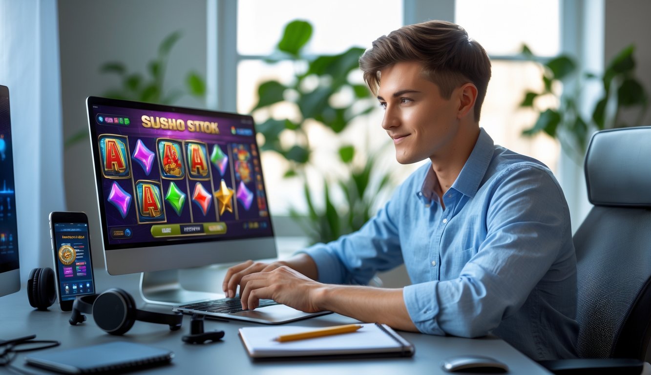 Seorang dewasa muda duduk di meja komputer modern dengan laptop menampilkan permainan slot online, di ruang kerja yang terang dan nyaman.