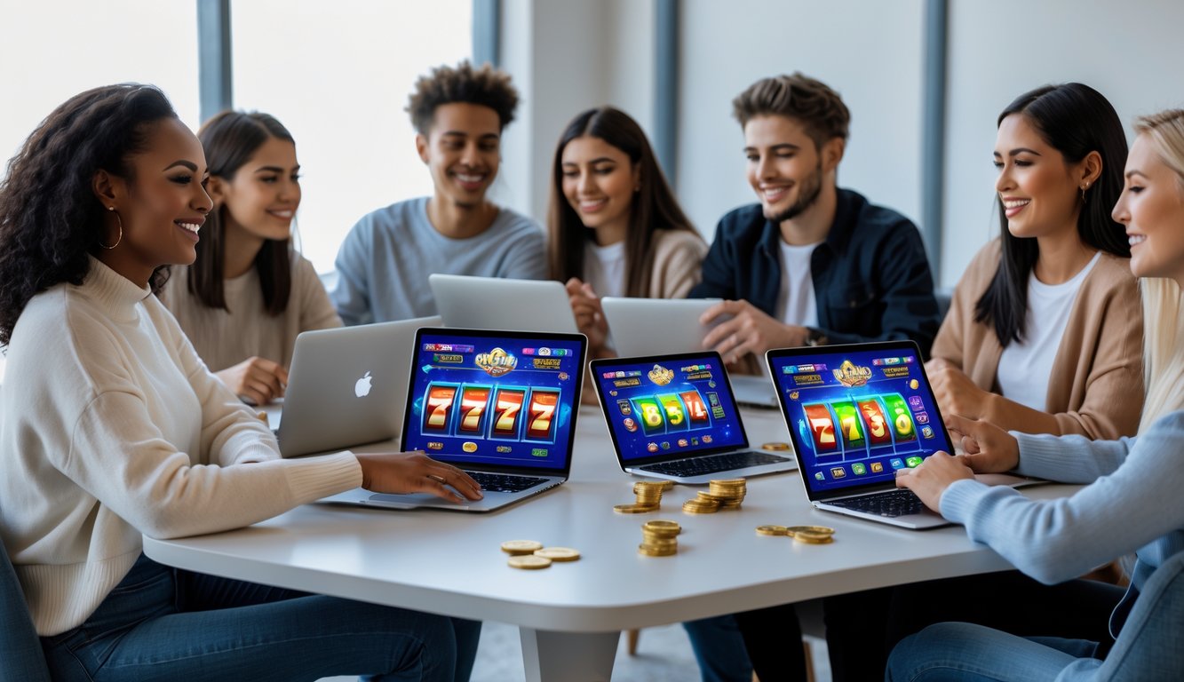 Beberapa orang muda duduk bersama menggunakan perangkat digital untuk bermain permainan slot online dengan suasana yang cerah dan menyenangkan.