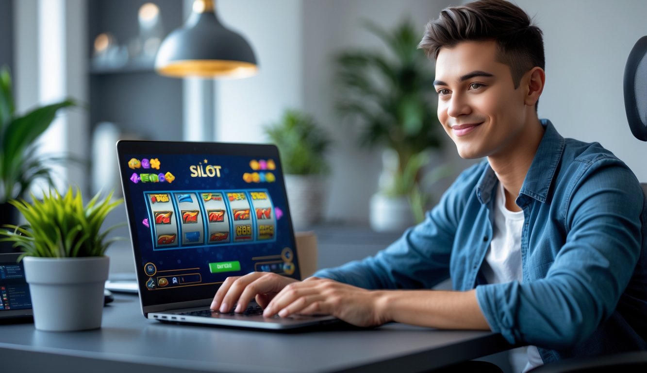 Seorang dewasa muda duduk di meja modern sambil bermain permainan slot online di laptop dengan ekspresi fokus dan senyum kecil.
