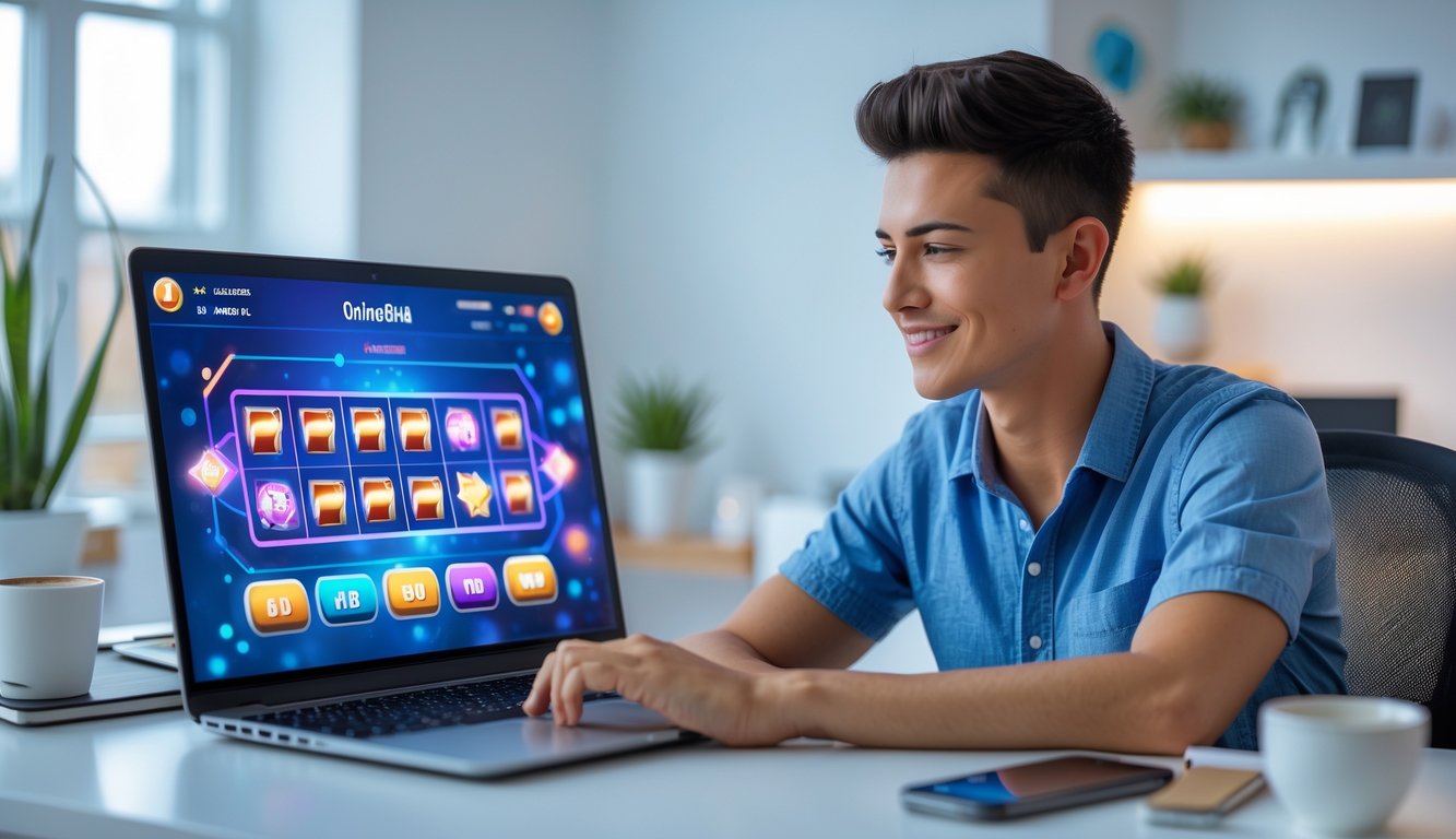 Seorang dewasa muda duduk di meja dengan laptop yang menampilkan permainan slot online, terlihat fokus dan percaya diri di ruang kerja yang terang dan rapi.