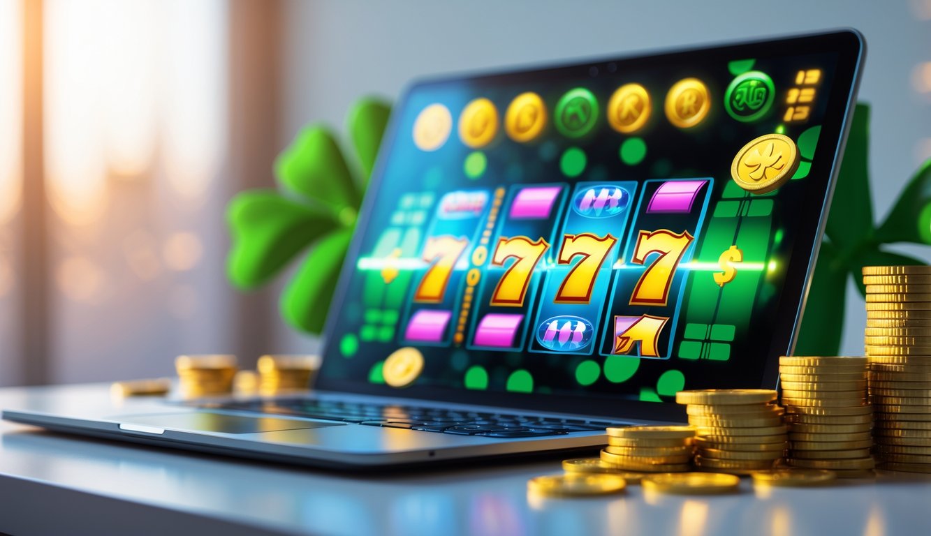 Seorang pemula menggunakan komputer dengan layar menampilkan permainan slot online berwarna-warni, dikelilingi koin emas dan chip poker di atas meja.