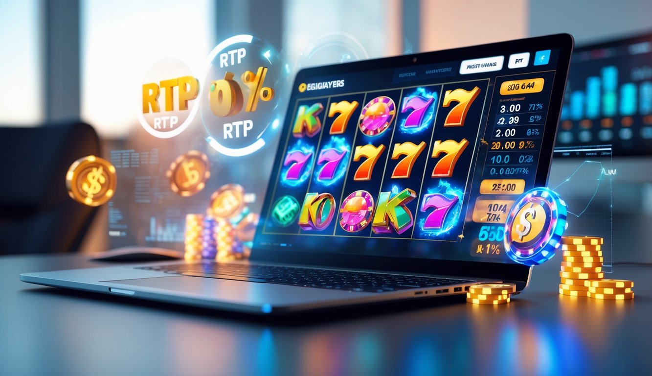Seorang pengguna sedang melihat layar komputer yang menampilkan permainan slot online dengan grafik warna-warni dan indikator statistik di lingkungan kerja yang rapi.