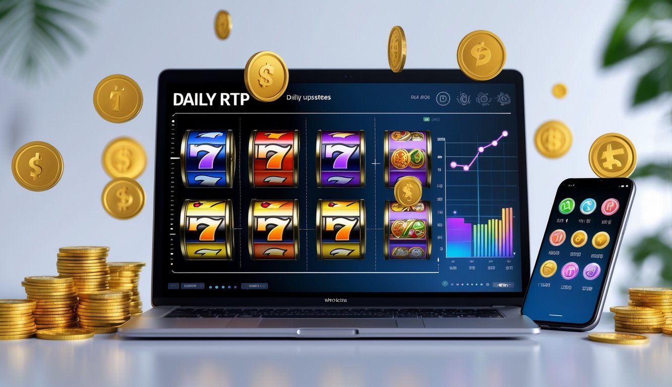 Seorang profesional sedang bekerja dengan laptop menampilkan permainan slot online dan grafik statistik RTP harian di meja kerja modern.