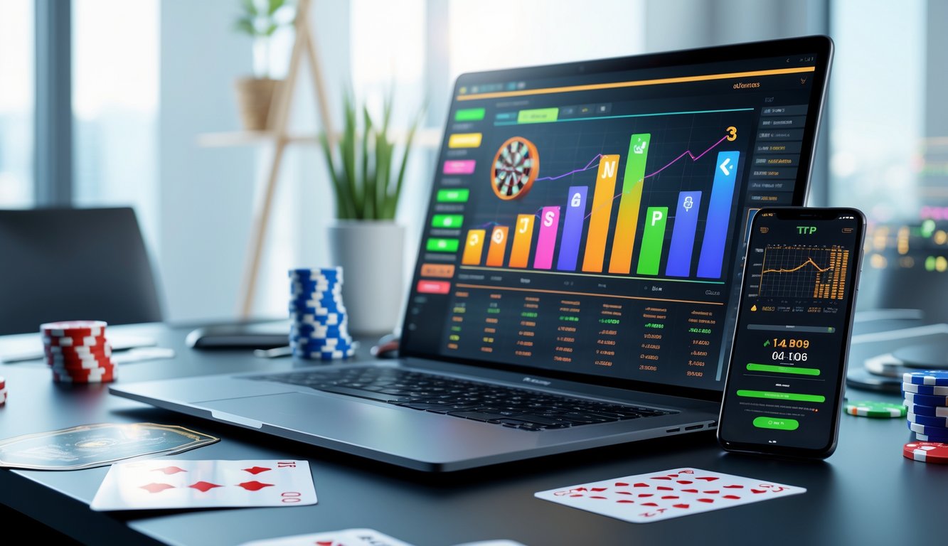 Seorang profesional sedang bekerja dengan laptop yang menampilkan grafik dan data RTP harian untuk permainan slot online di sebuah ruang kerja modern.