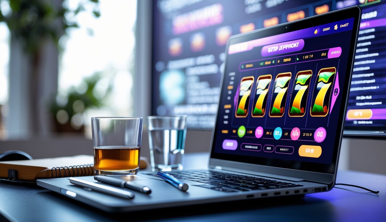 Seorang pria duduk di depan laptop yang menampilkan permainan slot online dengan secangkir kopi dan buku catatan di meja, menandakan aktivitas strategi permainan.