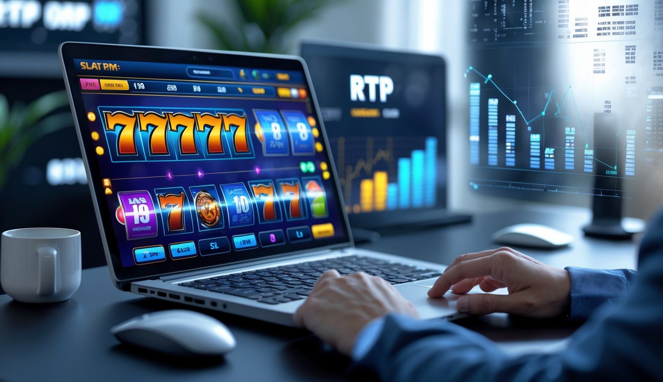 Seseorang sedang menggunakan laptop dengan tampilan permainan slot dan grafik statistik RTP di layar.
