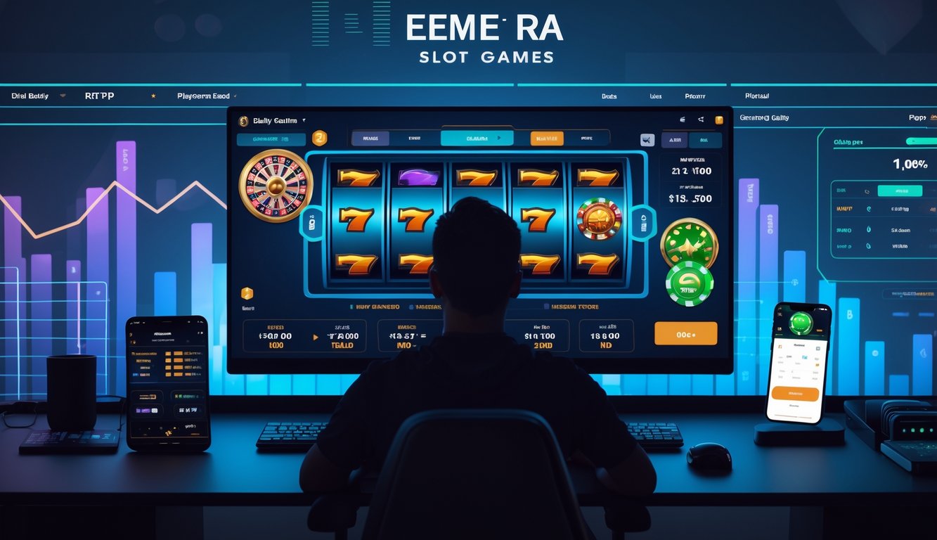 Seorang pemain yang fokus di depan komputer dengan layar menampilkan permainan slot online dan grafik data di lingkungan kerja modern.