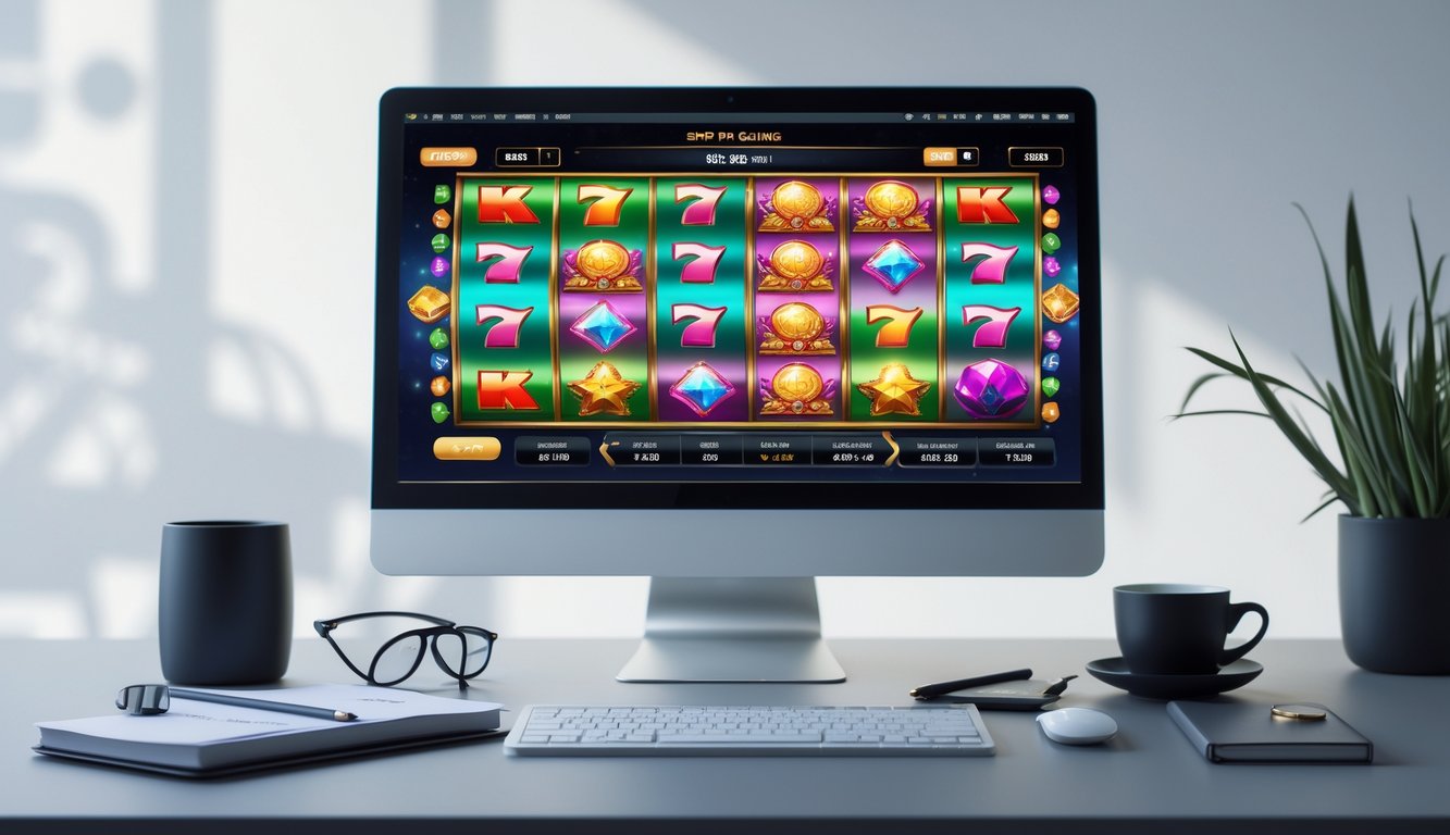 Seorang pemain sedang menggunakan komputer dengan tampilan permainan slot online yang berwarna-warni di layar, di meja terdapat buku catatan, cangkir kopi, dan kacamata.