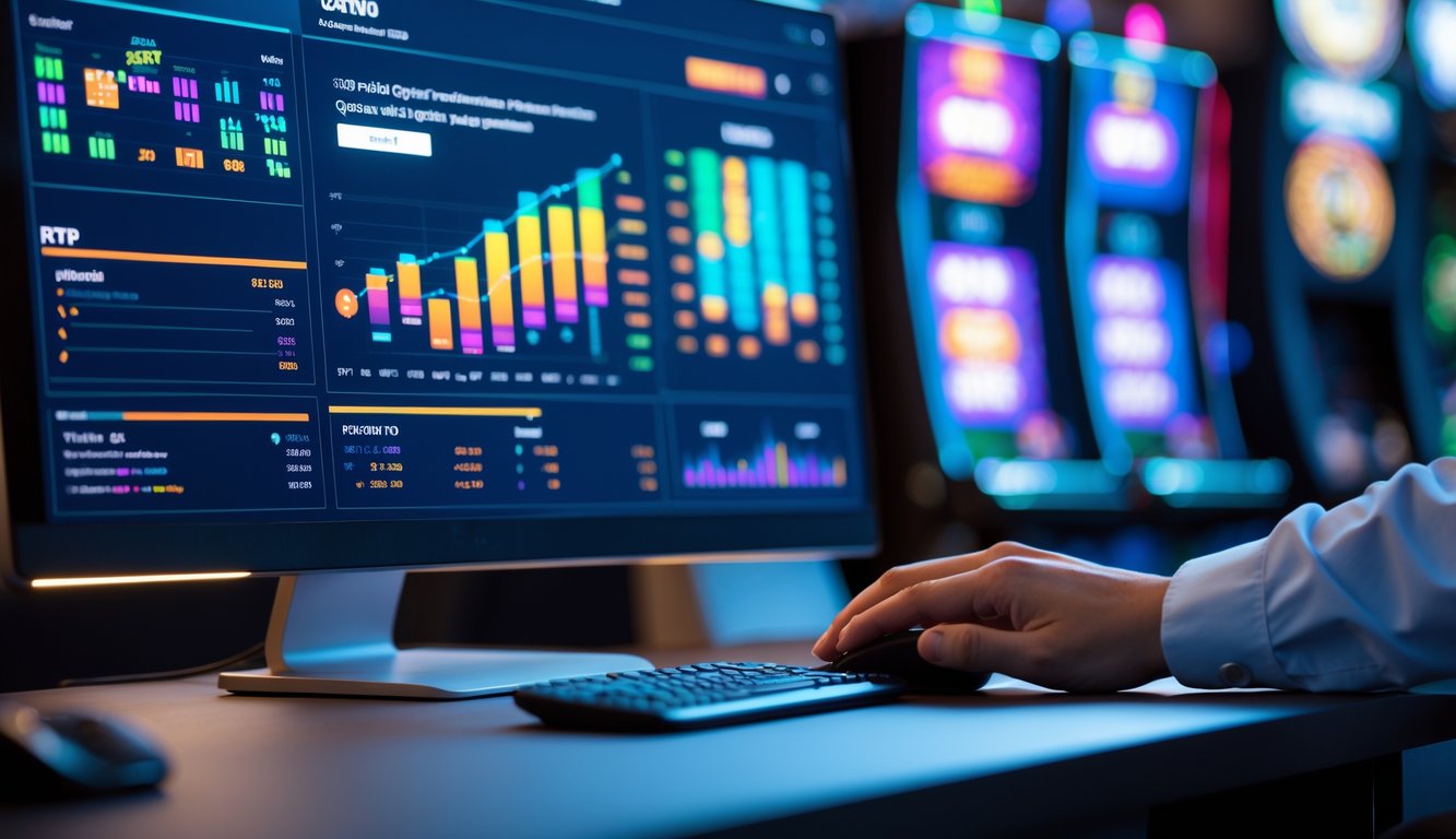 Meja kerja dengan komputer yang menampilkan grafik dan statistik terkait permainan slot online, dengan tangan seseorang yang menggunakan mouse di sampingnya.