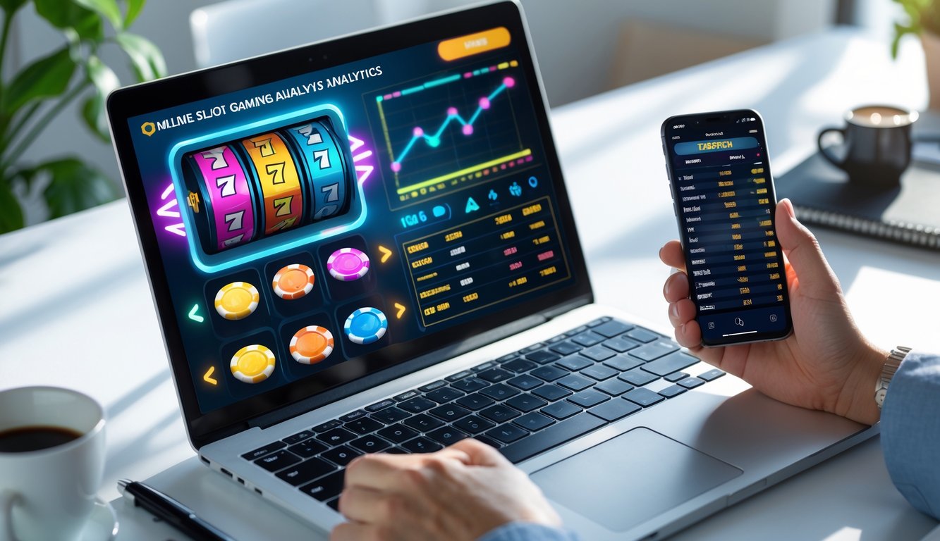 Meja kerja modern dengan laptop menampilkan grafik slot dan statistik, serta tangan yang memegang ponsel dengan permainan slot, dikelilingi alat tulis dan cangkir kopi.