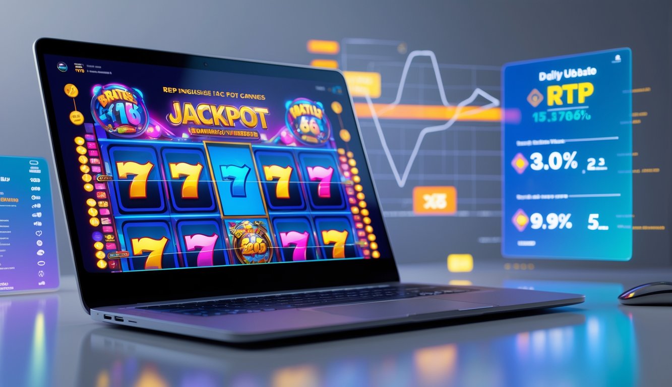 Seorang pengguna komputer melihat layar dengan grafik mesin slot dan data peluang jackpot di meja kerja yang rapi.