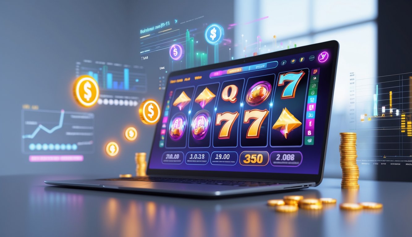 Seseorang menggunakan komputer dengan tampilan permainan slot online berwarna cerah dan ikon jackpot di layar.