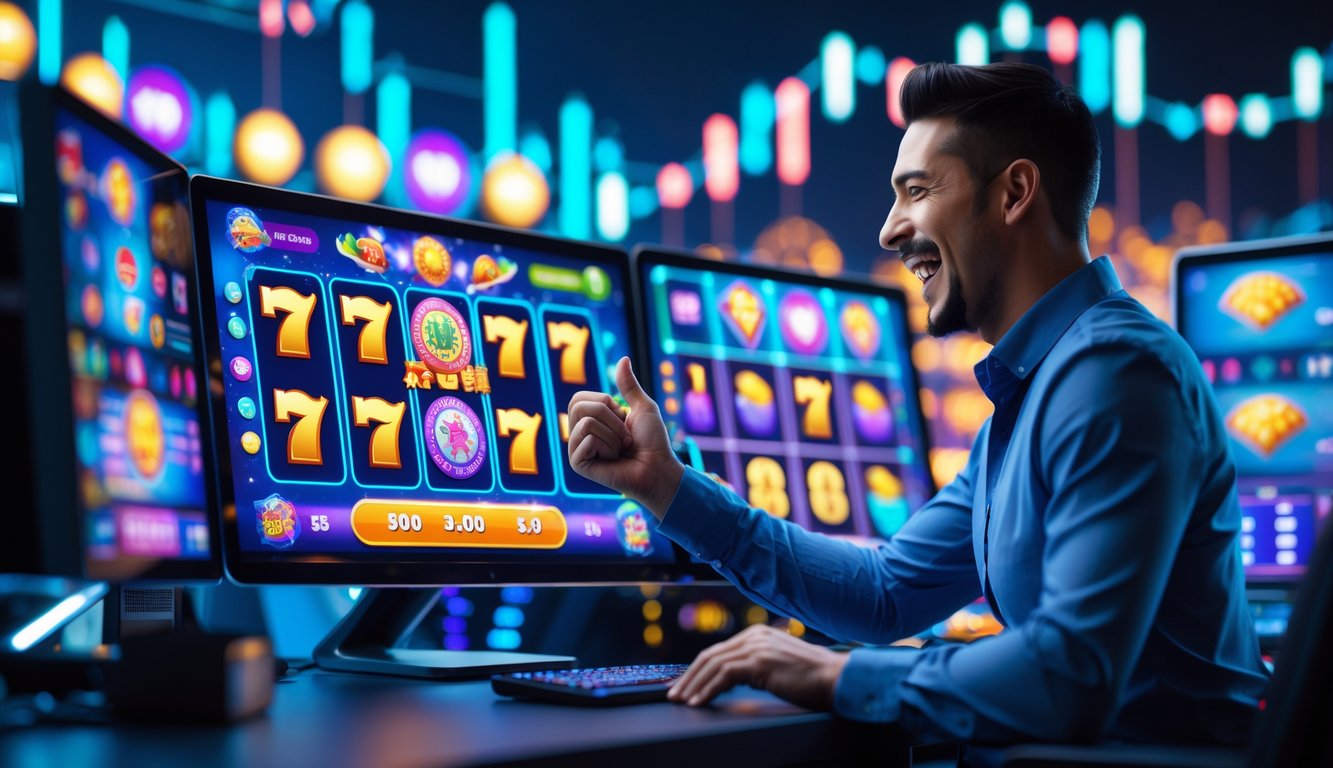Seorang pria tersenyum dan mengangkat tangan di depan beberapa layar komputer yang menampilkan permainan slot online berwarna-warni dengan grafik kemenangan.