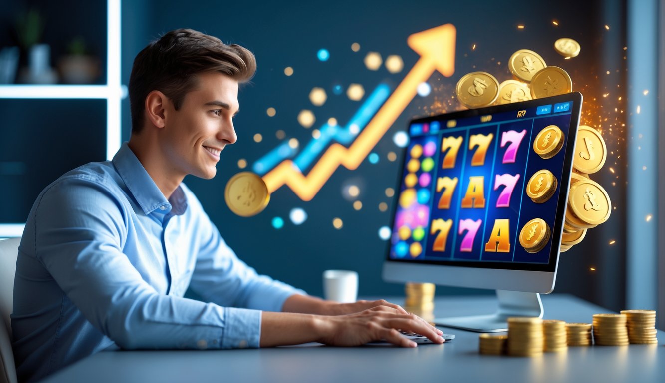Seorang pria muda duduk di meja modern sambil fokus melihat layar laptop yang menampilkan permainan slot online dengan latar belakang koin emas dan grafik naik.