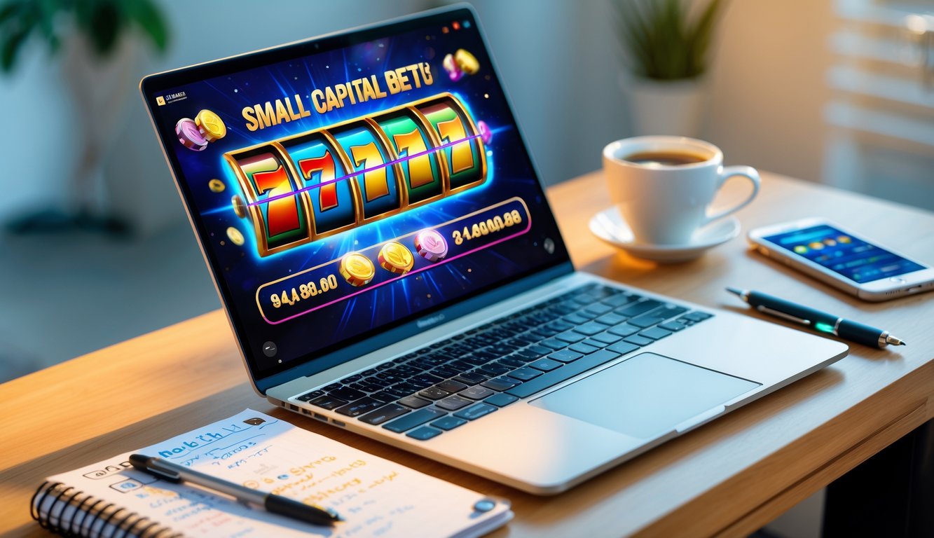 Seorang pria sedang menggunakan laptop dengan permainan slot online di layar, di sampingnya terdapat buku catatan dan pena di meja kerja yang rapi.