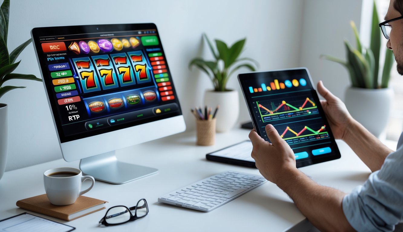 Seseorang sedang menggunakan laptop dan tablet untuk menganalisis strategi taruhan slot online di ruang kerja yang rapi.