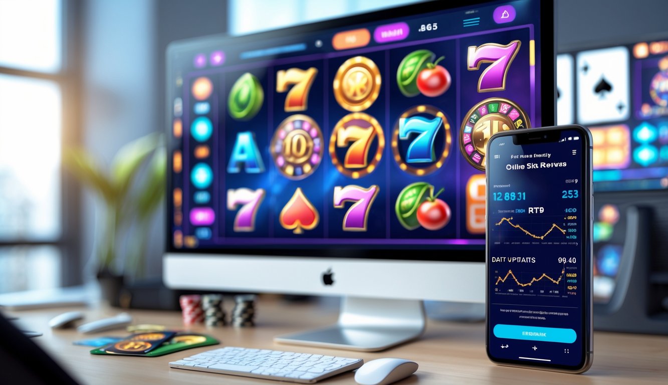 Sebuah ruang kerja modern dengan komputer dan ponsel yang menampilkan grafik permainan slot online dan statistik RTP harian.