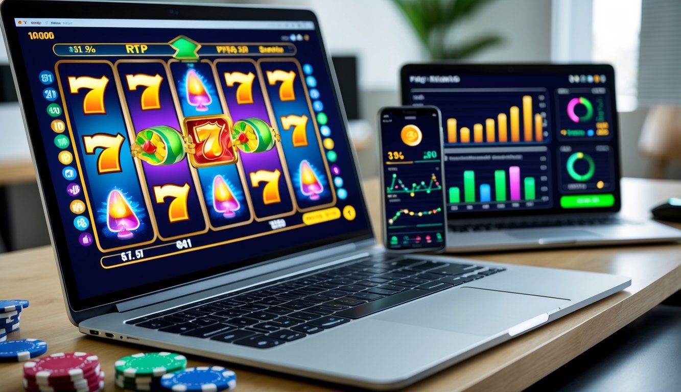 Seorang pengguna duduk di depan komputer dengan layar menampilkan permainan mesin slot berwarna-warni dan grafik statistik RTP harian di smartphone di sampingnya.