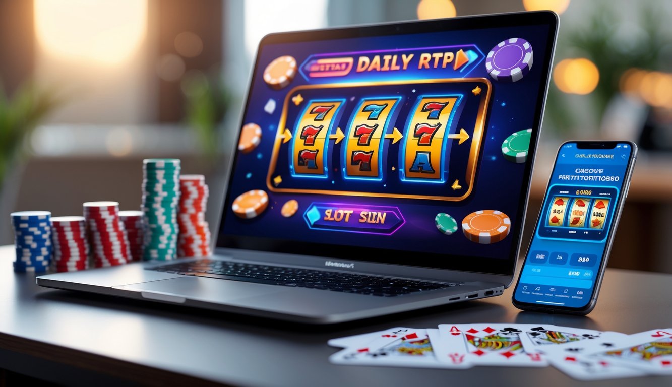 Seorang pengguna duduk di depan laptop dengan layar menampilkan permainan slot online berwarna-warni, di atas meja terdapat chip poker dan kartu remi.