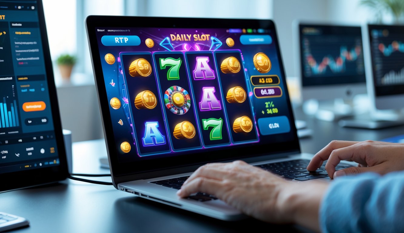 Seseorang menggunakan komputer dengan layar menampilkan permainan slot online yang berwarna-warni di lingkungan rumah atau kantor yang terang.