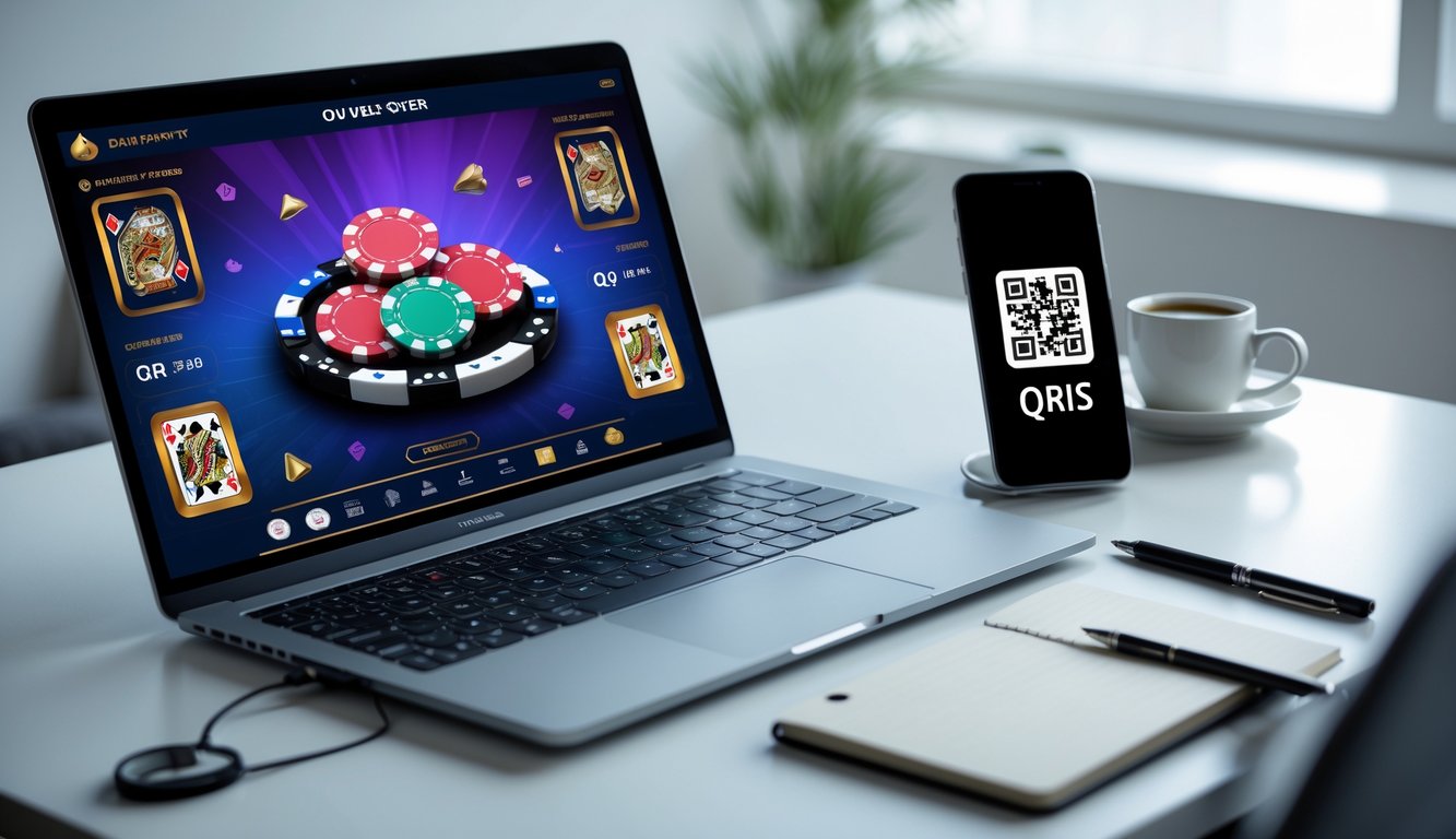 Seorang pria menggunakan laptop dan ponsel dengan kode QR di layar, menunjukkan pembayaran digital untuk permainan poker online.