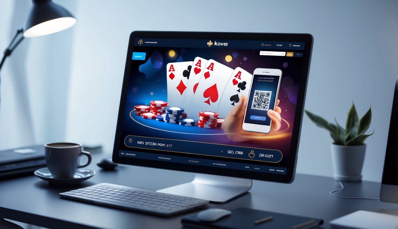 Seorang pengguna sedang bermain poker online di komputer dengan layar menampilkan kartu dan chip, serta ponsel yang memindai kode QR untuk deposit.