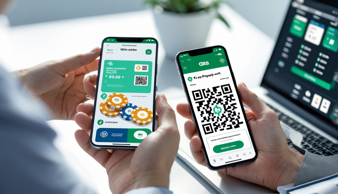 Tangan seseorang memegang ponsel dengan kode QR, di dekat laptop yang menampilkan permainan poker online dengan chip dan kartu.