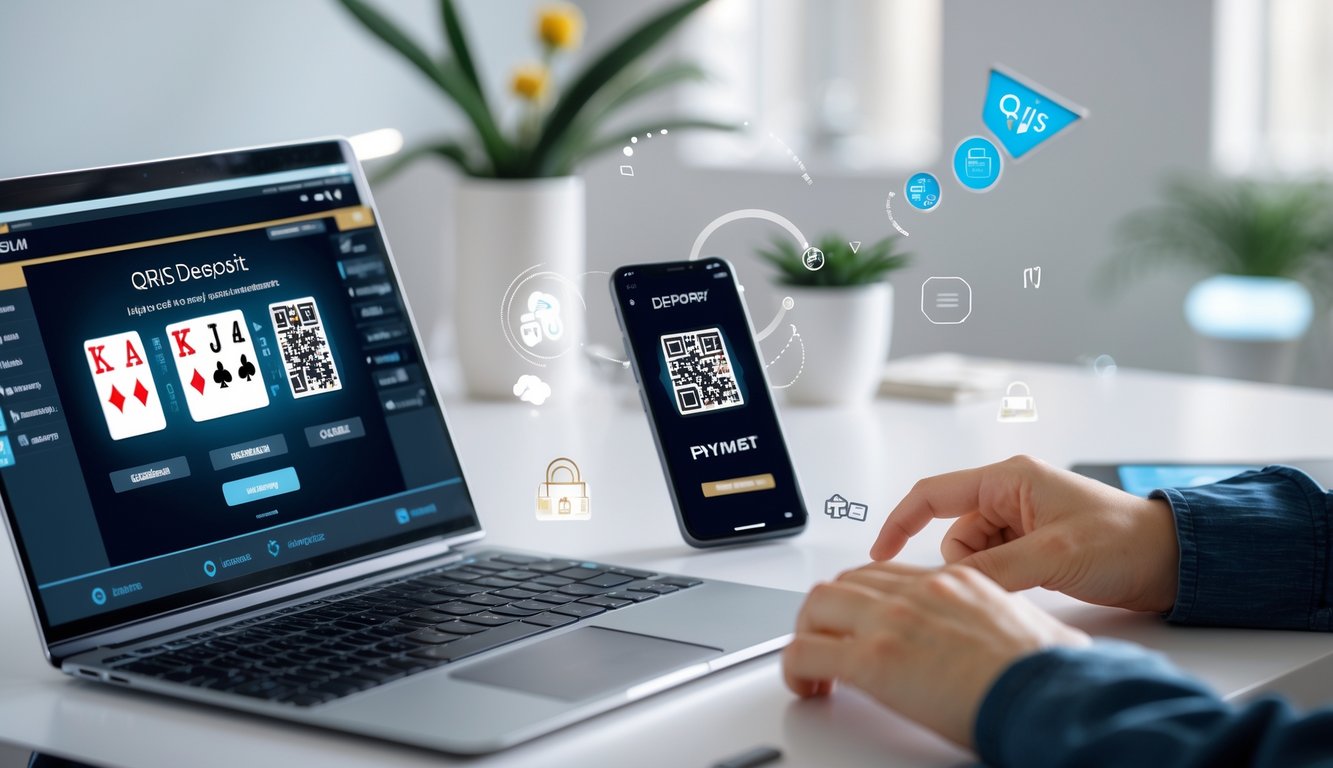 Meja kerja dengan laptop menampilkan permainan poker online dan ponsel yang menunjukkan kode QR untuk pembayaran QRIS, dengan tangan seseorang berinteraksi dengan perangkat tersebut.