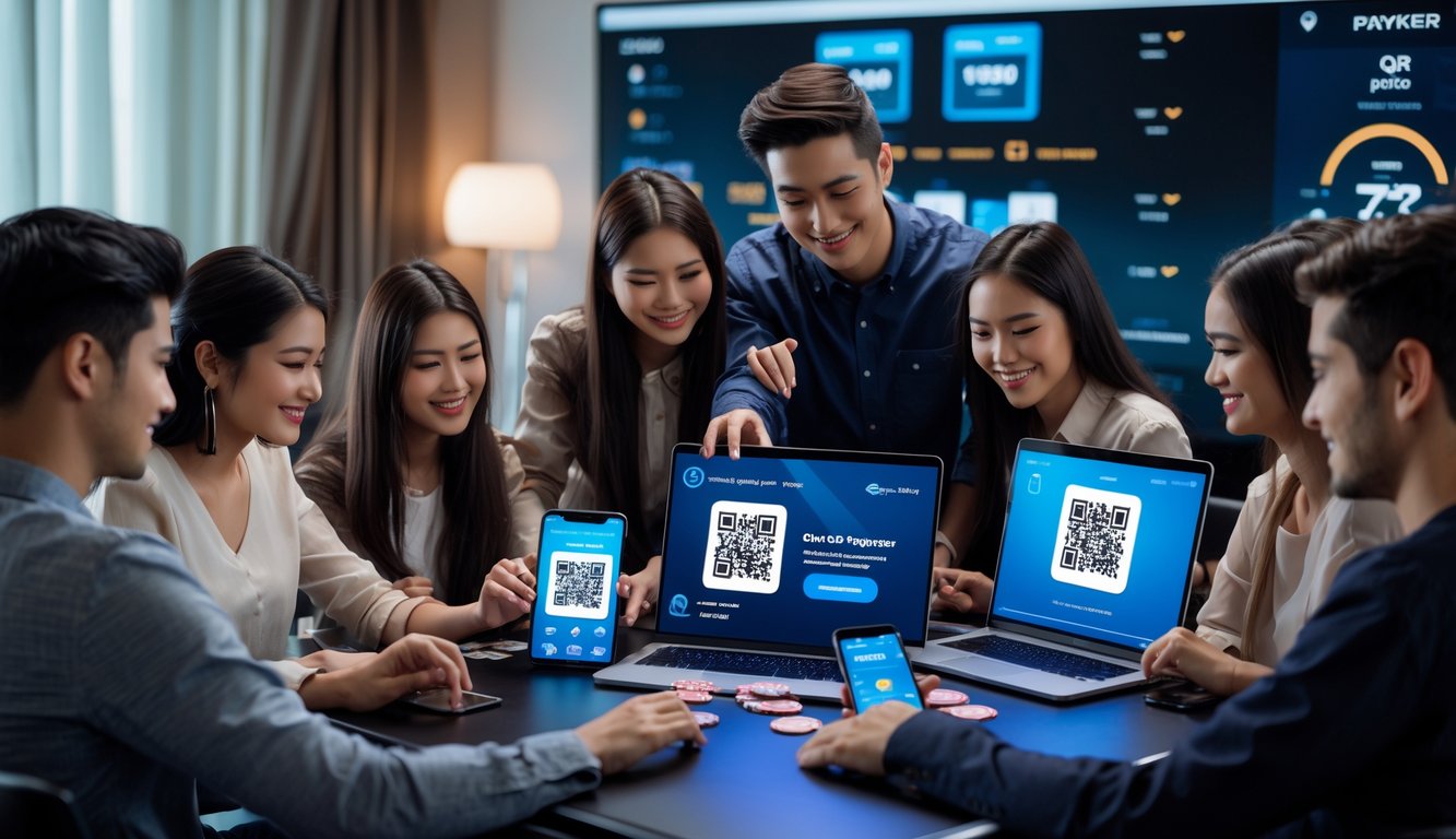 Sekelompok orang muda menggunakan ponsel dan laptop untuk melakukan pembayaran QRIS saat bermain poker online.