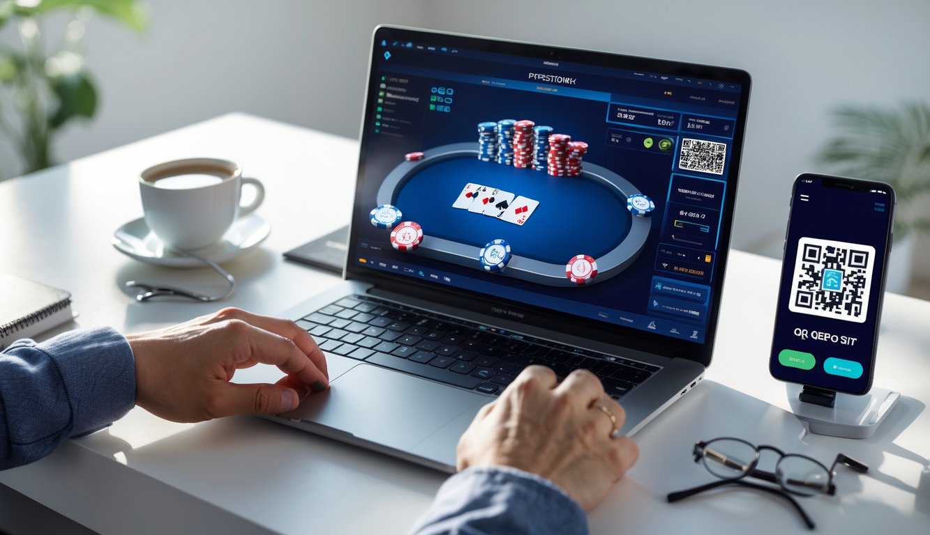 Seorang pemain pemula menggunakan laptop dan ponsel untuk bermain poker online dengan metode deposit QRIS di meja kerja yang rapi.