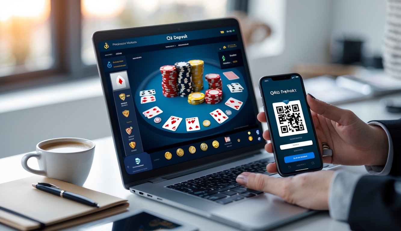 Seorang pengguna sedang melakukan transaksi deposit cepat poker online menggunakan laptop dan ponsel dengan kode QR di meja kerja.