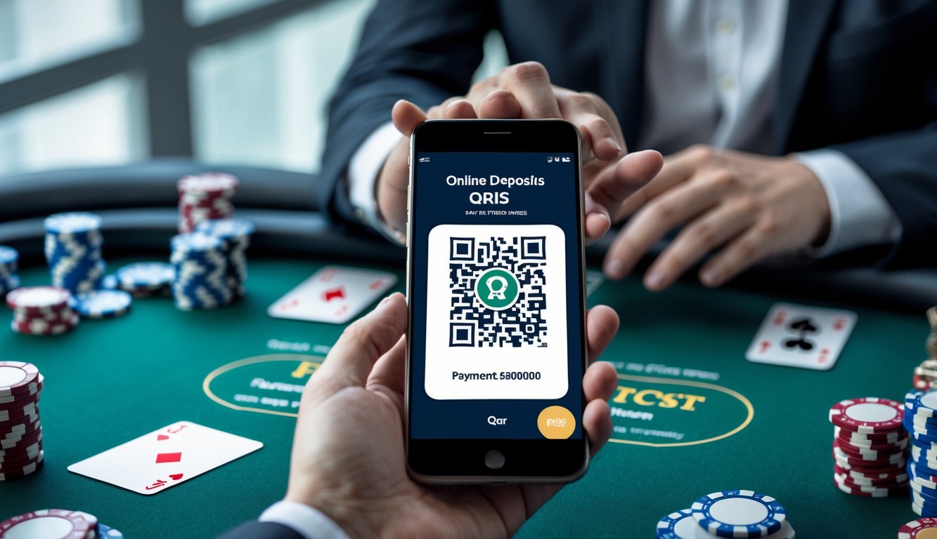 Tangan seseorang memegang ponsel dengan kode QR, latar belakang meja poker dengan chip dan kartu bermain.