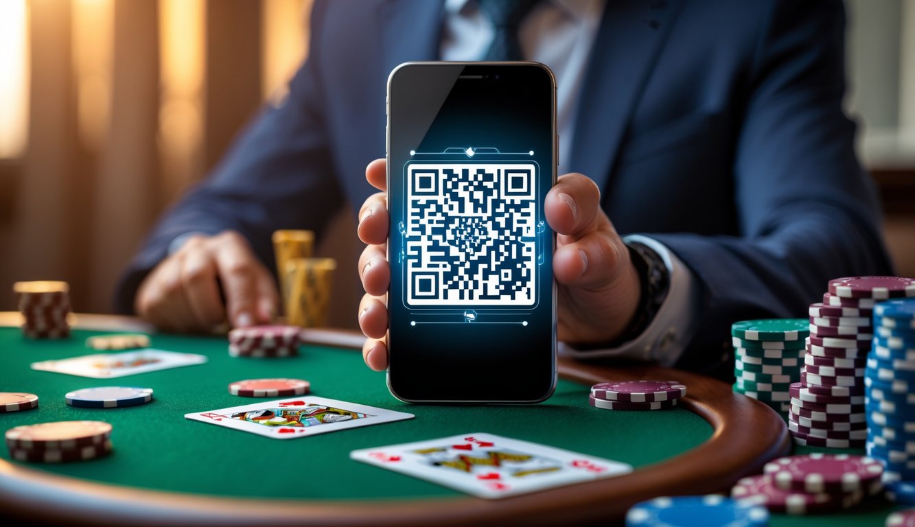 Seseorang memegang smartphone dengan kode QR di layar, dikelilingi oleh chip poker dan kartu remi di atas meja hijau.