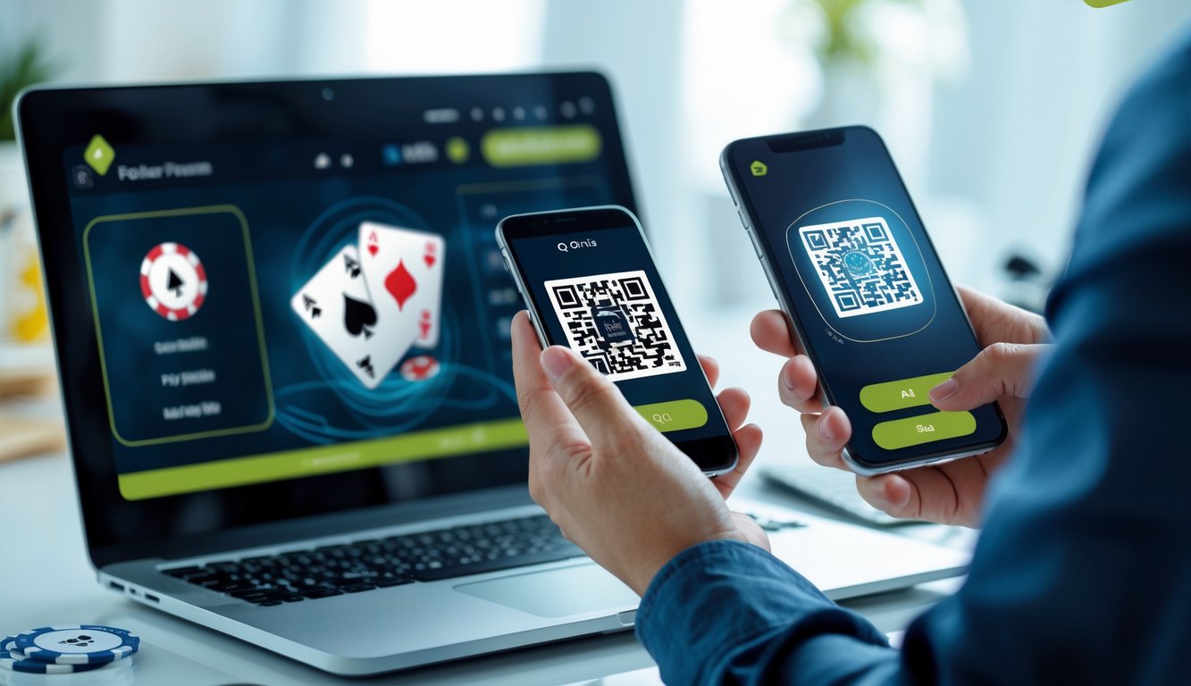 Seseorang menggunakan ponsel untuk memindai kode QR di samping laptop yang menampilkan permainan poker online.