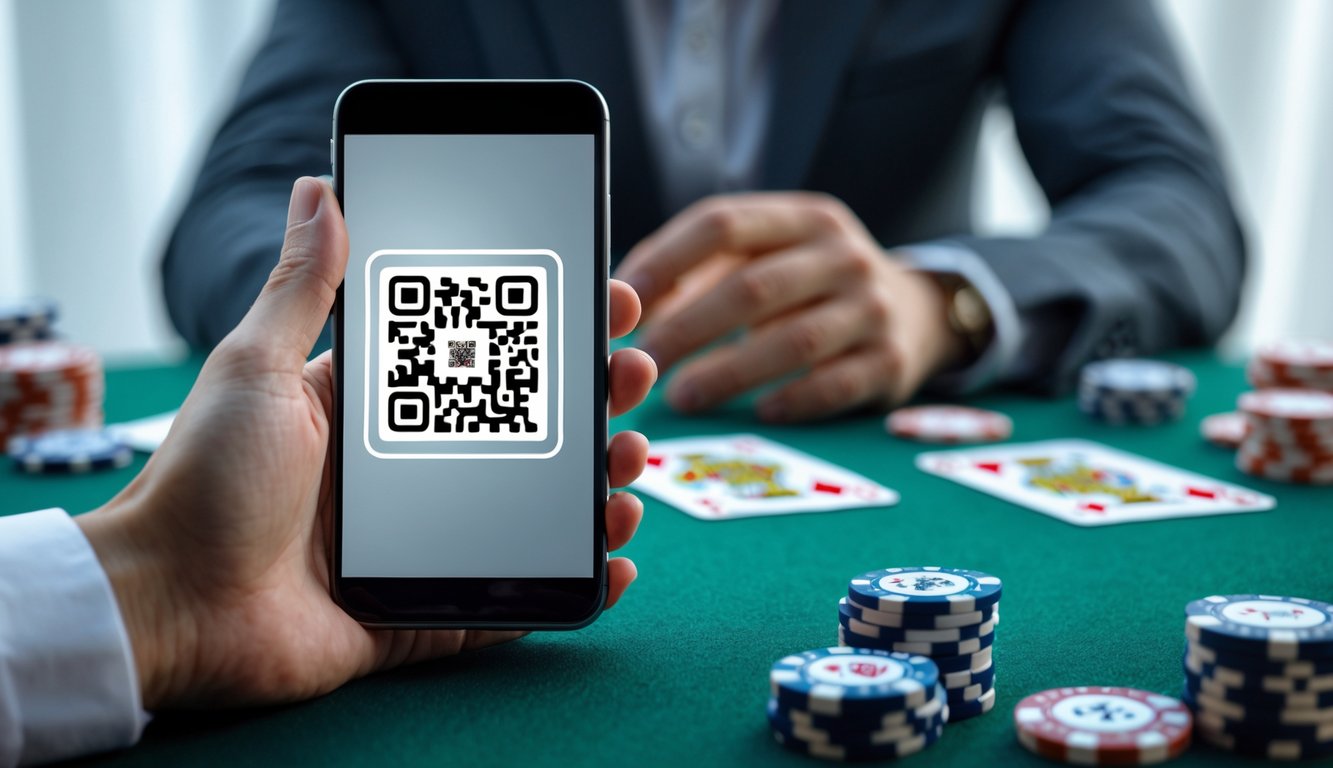 Seseorang memegang smartphone yang menampilkan kode QR di depan meja poker dengan chip dan kartu bermain.